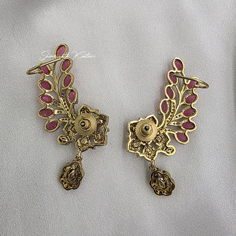 Ruby Leaf Polki Dangle Earrings with Floral Crystal - Image 2