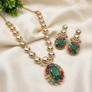Alternative view of Sabyasachi Inspired Kundan Necklace Set with Multicolor Stones
