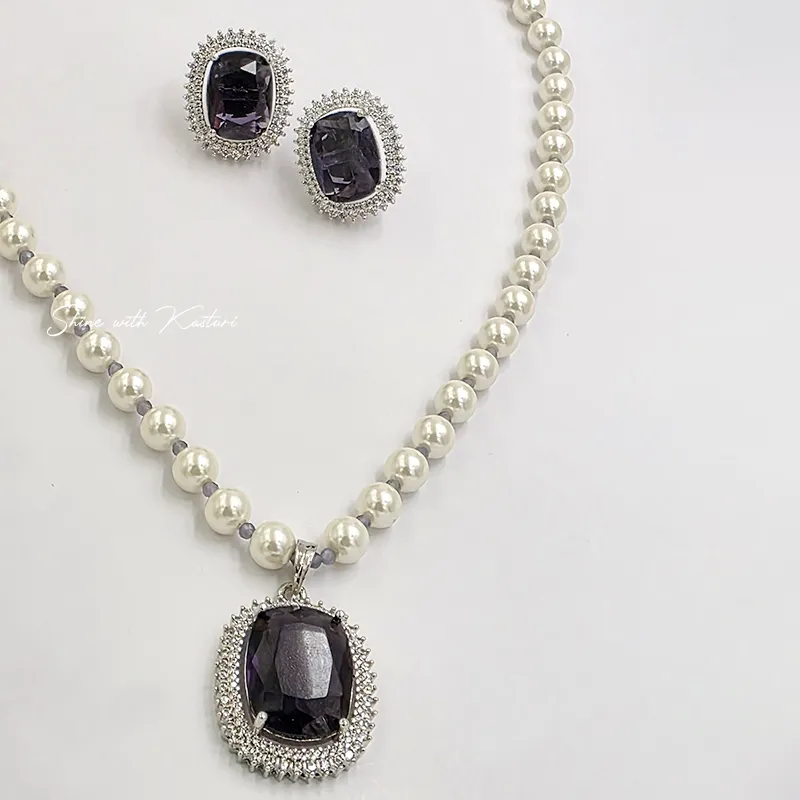 Pearl Necklace Set with Amethyst Pendant & Stud Earrings - Image 4