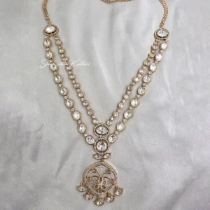 Alternative view of Polki Kundan Double Layer Necklace Set with Floral Pendant