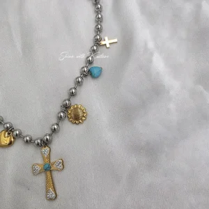Alternative view of Silver Beaded Charm Cross Necklace with Turquoise Accents