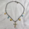 Silver Beaded Charm Cross Necklace with Turquoise Accents