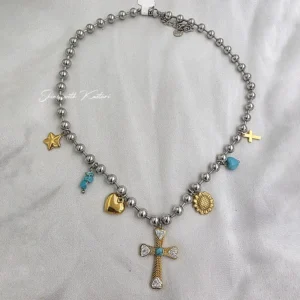 Silver Beaded Charm Cross Necklace with Turquoise Accents