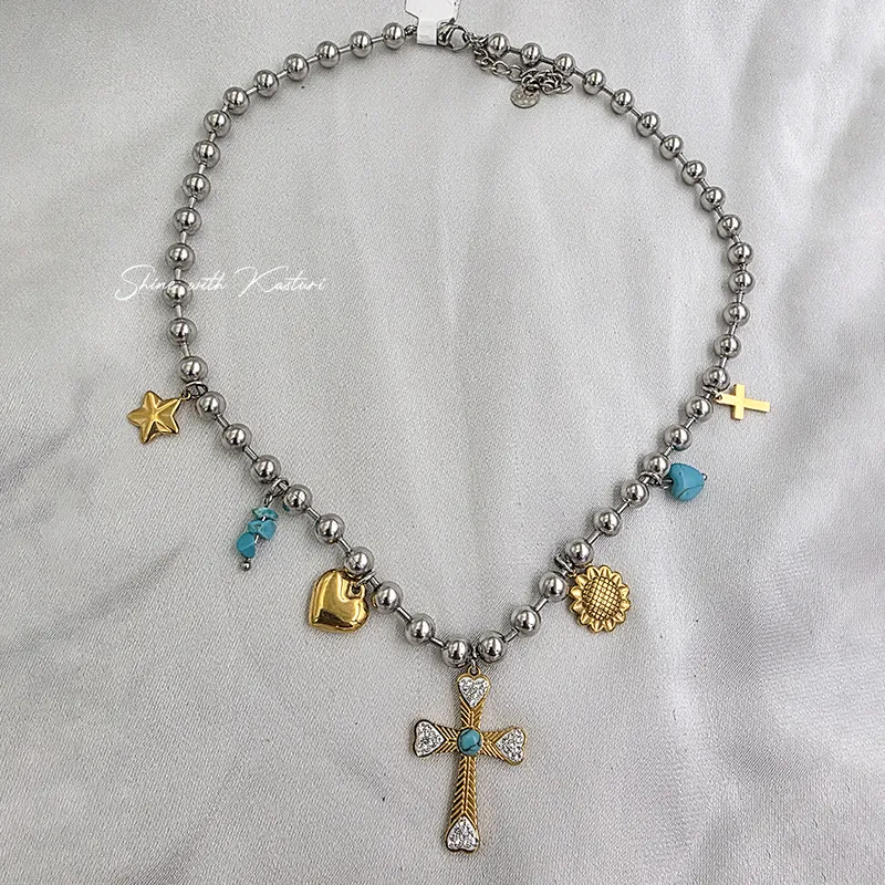 Silver Beaded Charm Cross Necklace with Turquoise Accents