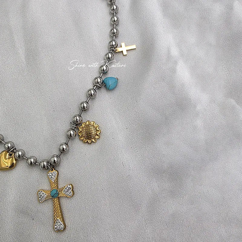Silver Beaded Charm Cross Necklace with Turquoise Accents - Image 2