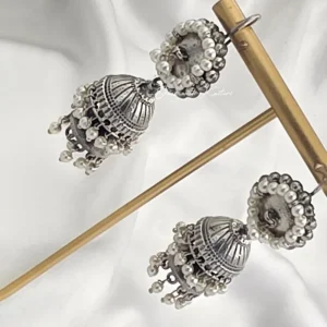 Alternative view of Vintage Oxidized Silver Jhumka Earrings with Pearl Drops