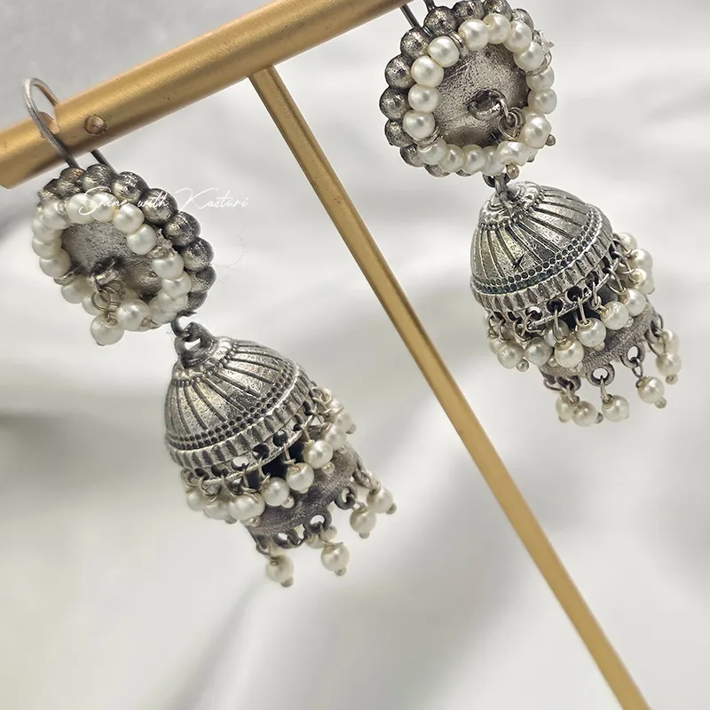 Vintage Oxidized Silver Jhumka Earrings with Pearl Drops