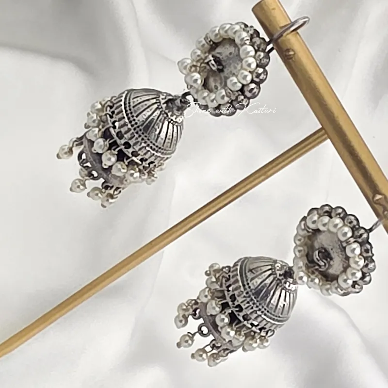 Vintage Oxidized Silver Jhumka Earrings with Pearl Drops - Image 2