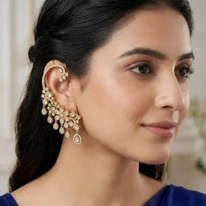 Antique Gold Floral Polki Ear Cuff Earrings