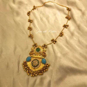 Antique Gold Necklace with Green & Blue Stone Pendant