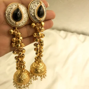 Black Kundan Jhumka Earrings with Pearl Drops