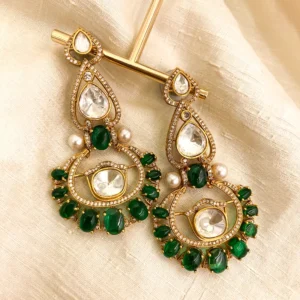 Alternative view of Kundan Polki Chandbali Earrings with Pearl Drops, Green