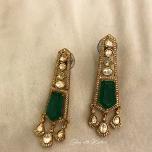 Emerald Cut Green Stone Polki Drop Earrings