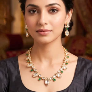 Emerald Drop Kundan Necklace Set with Earrings