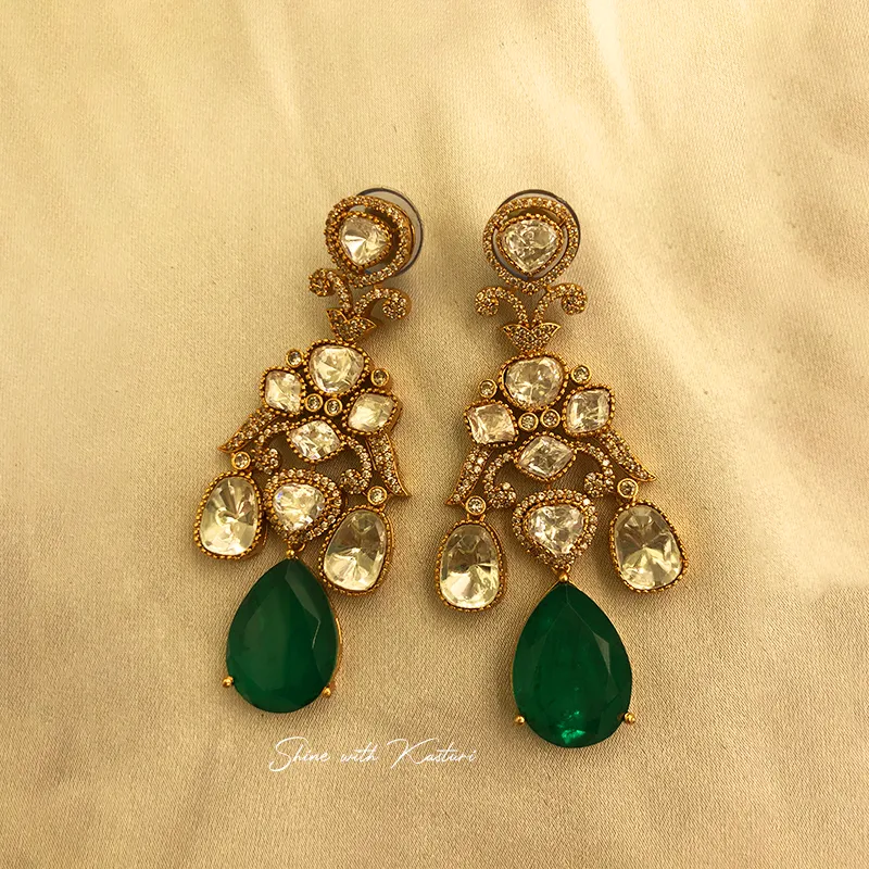 Emerald Drop Polki Statement Earrings