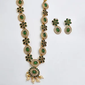 Alternative view of Emerald Floral Kundan Necklace Set with Pearl Drops