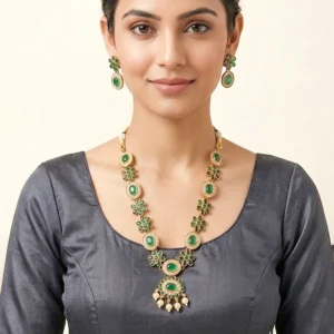 Emerald Floral Kundan Necklace Set with Pearl Drops