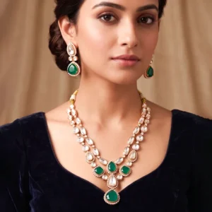 Emerald Kundan Teardrop Necklace Set with Earrings