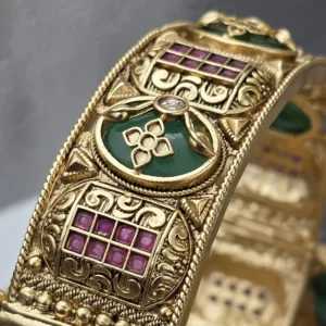 Alternative view of Gold Kada Bangles Design with Green & Ruby Stones