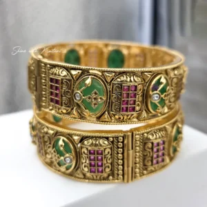 Gold Kada Bangles Design with Green & Ruby Stones