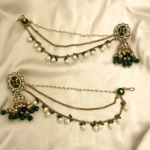 Green Kundan Jhumka Pearl Ear Chain Online