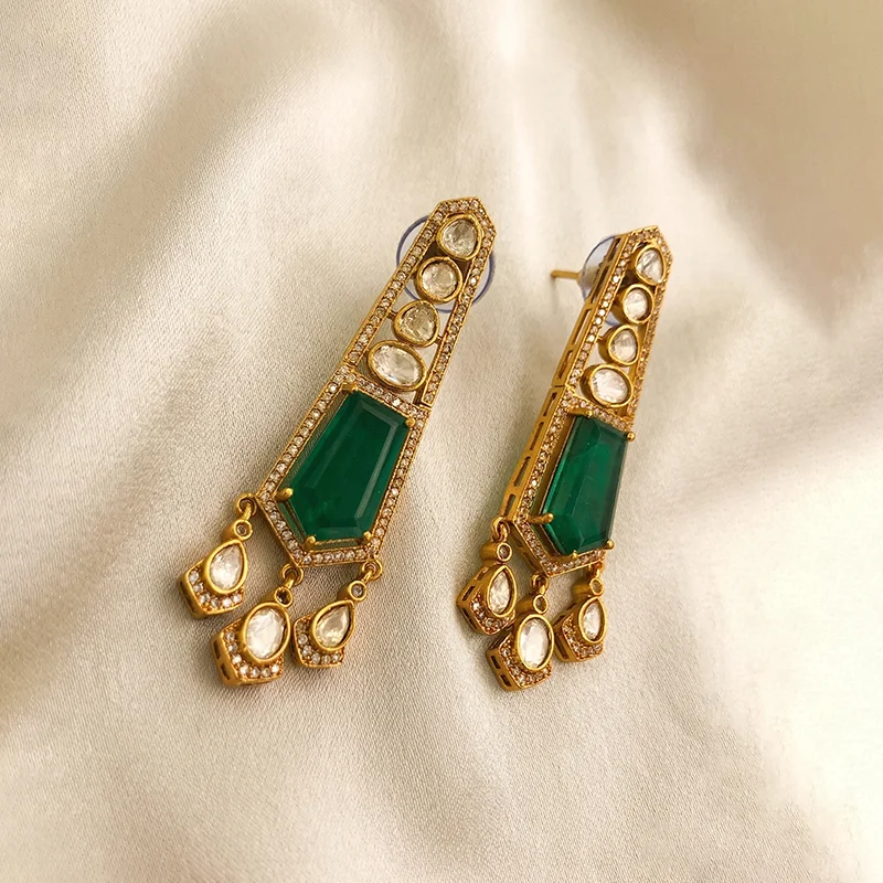 Emerald Cut Stone Polki Drop Earrings - Image 2