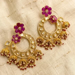 Alternative view of Kundan Floral Chandbali Earrings with Pearl Drops, Pink