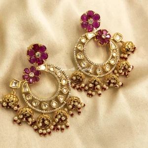Kundan Floral Chandbali Earrings, Pink