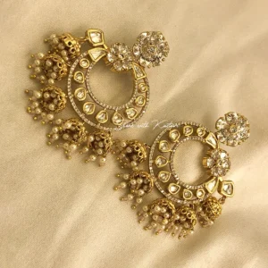 Kundan Floral Chandbali Earrings with Pearl Drops, Golden
