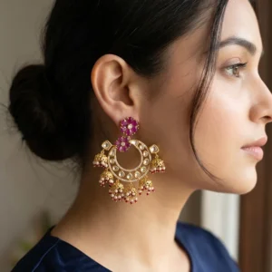 Kundan Floral Chandbali Earrings with Pearl Drops