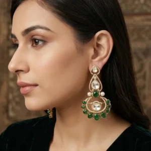 Kundan Polki Chandbali Earrings with Pearl Drops, Green