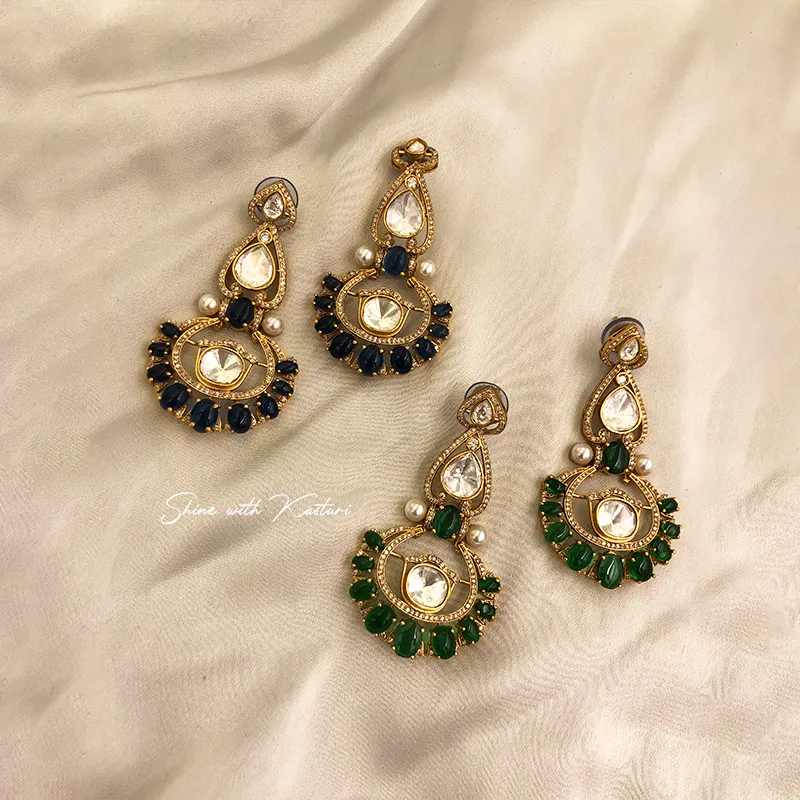 Kundan Polki Chandbali Earrings with Pearl Drops