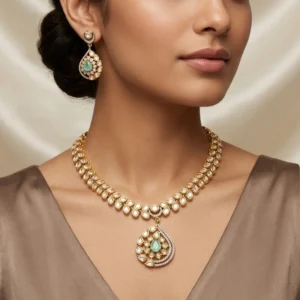 Kundan Teardrop Necklace Set, Mint Stone