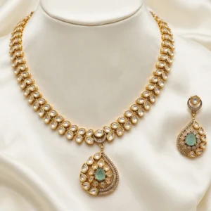 Kundan Teardrop Necklace Set with Mint Stone