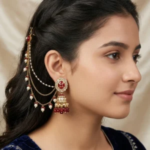 Ruby Kundan Jhumka Pearl Ear Chain