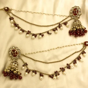 Ruby Kundan Jhumka Pearl Ear Chain Online