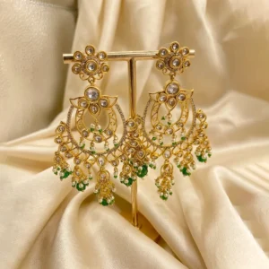 Alternative view of Royal Kundan Chandbali Earrings with Green Bead Drops