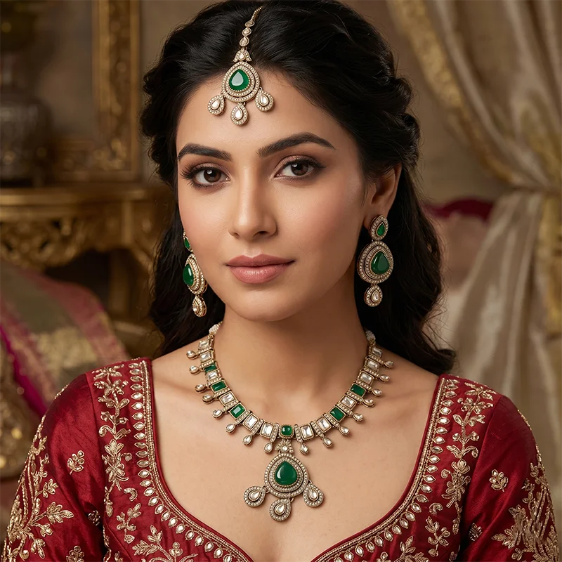 Emerald Teardrop Kundan Necklace Set