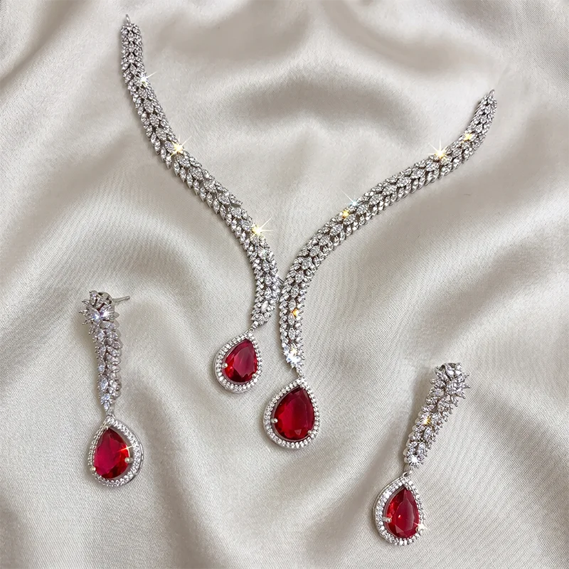 Teardrop American Diamond Necklace Set, Ruby - Image 2