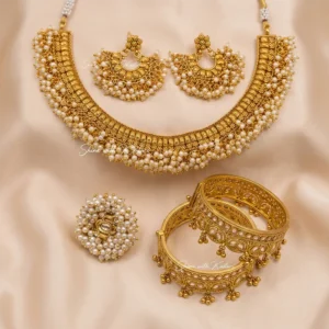 Chandrika Pearl Choker Set and Gold Kundan Kada Bangles with Adjustable Pearl Ring