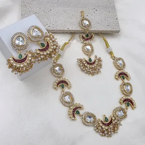 Alternative view of Crescent Polki Choker Necklace Set with Pearl Earrings
