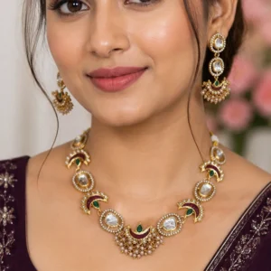 Crescent Polki Choker Necklace Set with Pearl Earrings