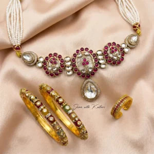 Floral Kundan Choker Necklace with Crystal Gold Finish Bangles with Embellished Rings