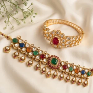 Multicolor Kundan Polki Choker Necklace with Kundan Bangle