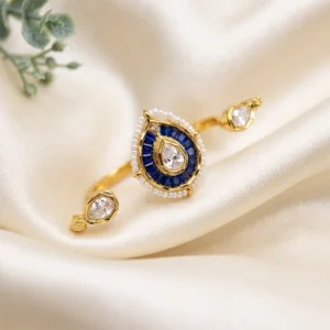 Ruby Blue Polki & Pearl Adjustable Ring