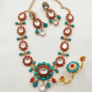 Polki & Semi Precious Stone Necklace Set With Dual Ring