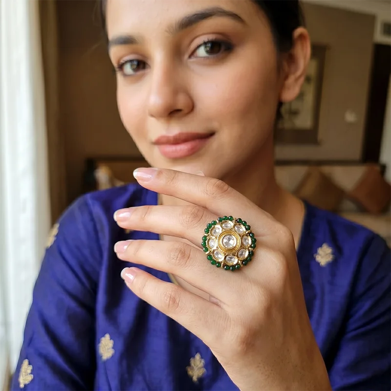 Royal Green Kundan Floral Ring - Image 2