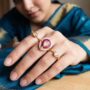 Alternative view of Ruby Pink Polki & Pearl Adjustable Ring