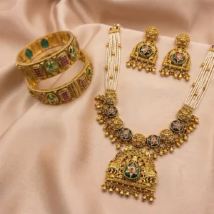 Statement Look Necklace for South Indian Bride with Gold Kada Bangles