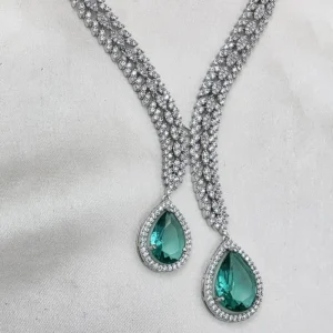 Alternative view of Teardrop American Diamond Necklace Set, Green